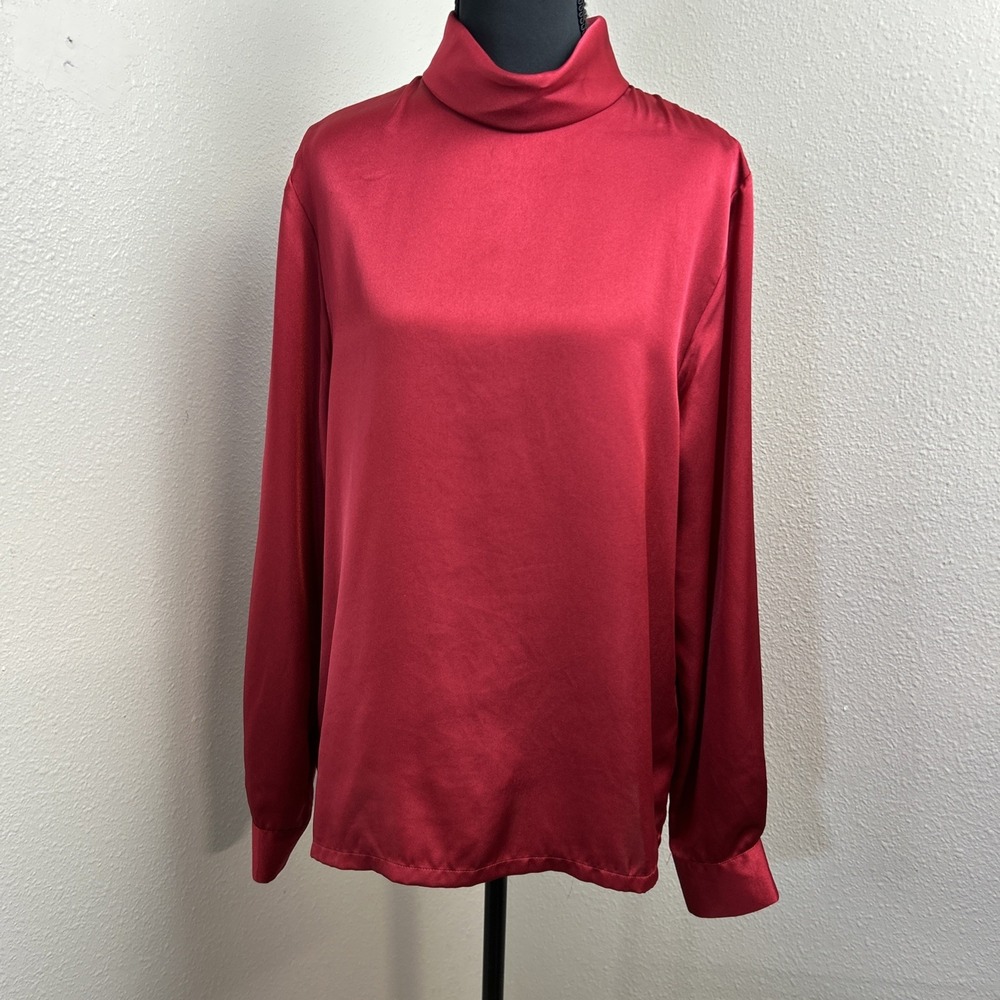 Vintage Pendleton Blouse Women's 12 Red Satin Mock‎ Neck Long Sleeves Classy